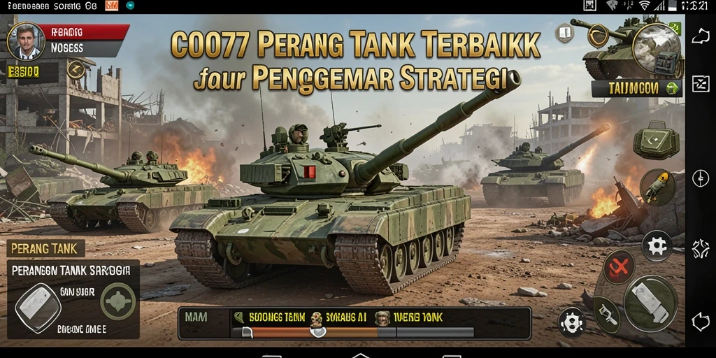 Antarmuka permainan C0077 yang menampilkan aksi pertempuran tank.